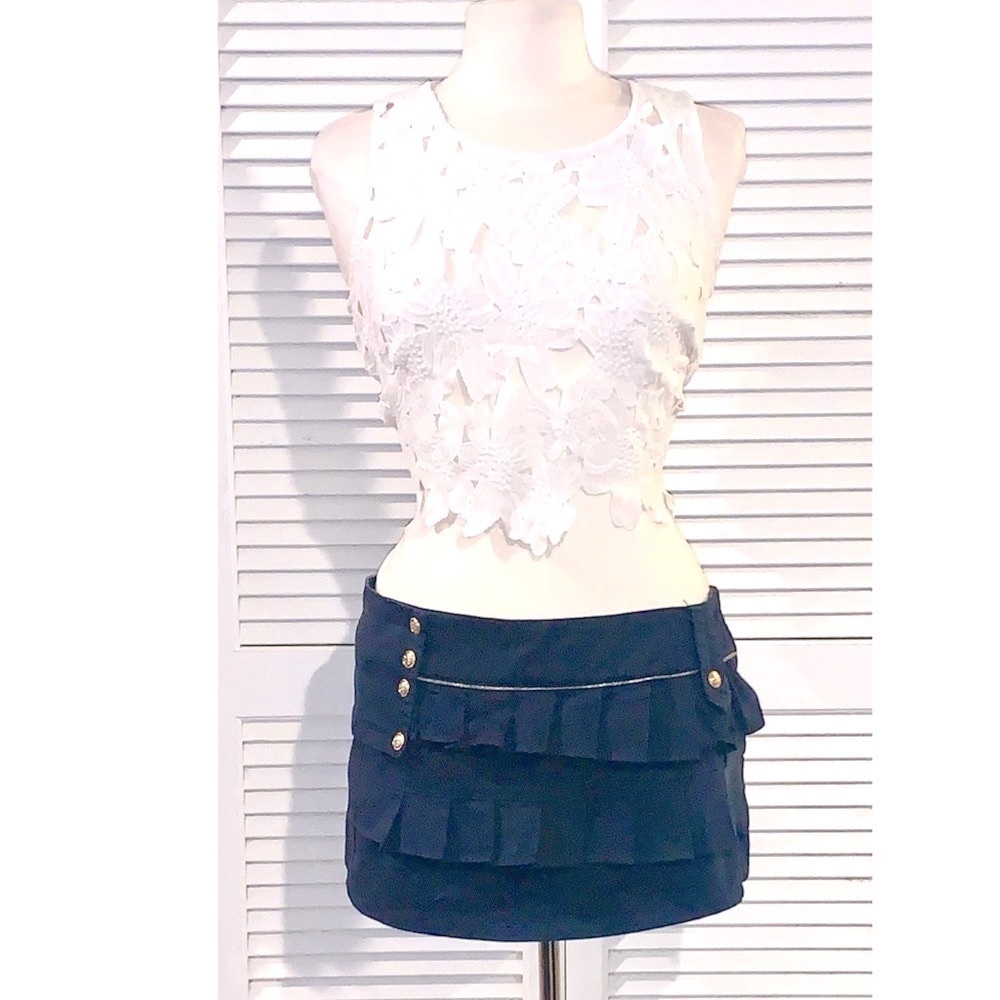 Bershka box pleated cargo Navy Blue with gold buttons micro mini skirt 8 US